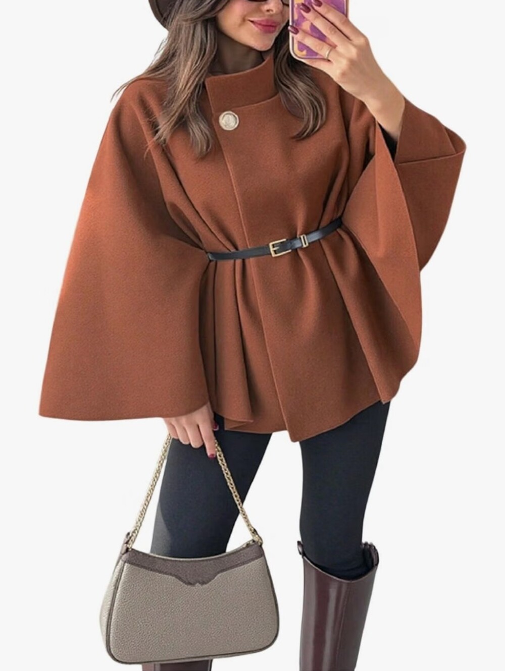 Women's Poncho Pea Cape Coat Mock Neck 3/4 Sleeve